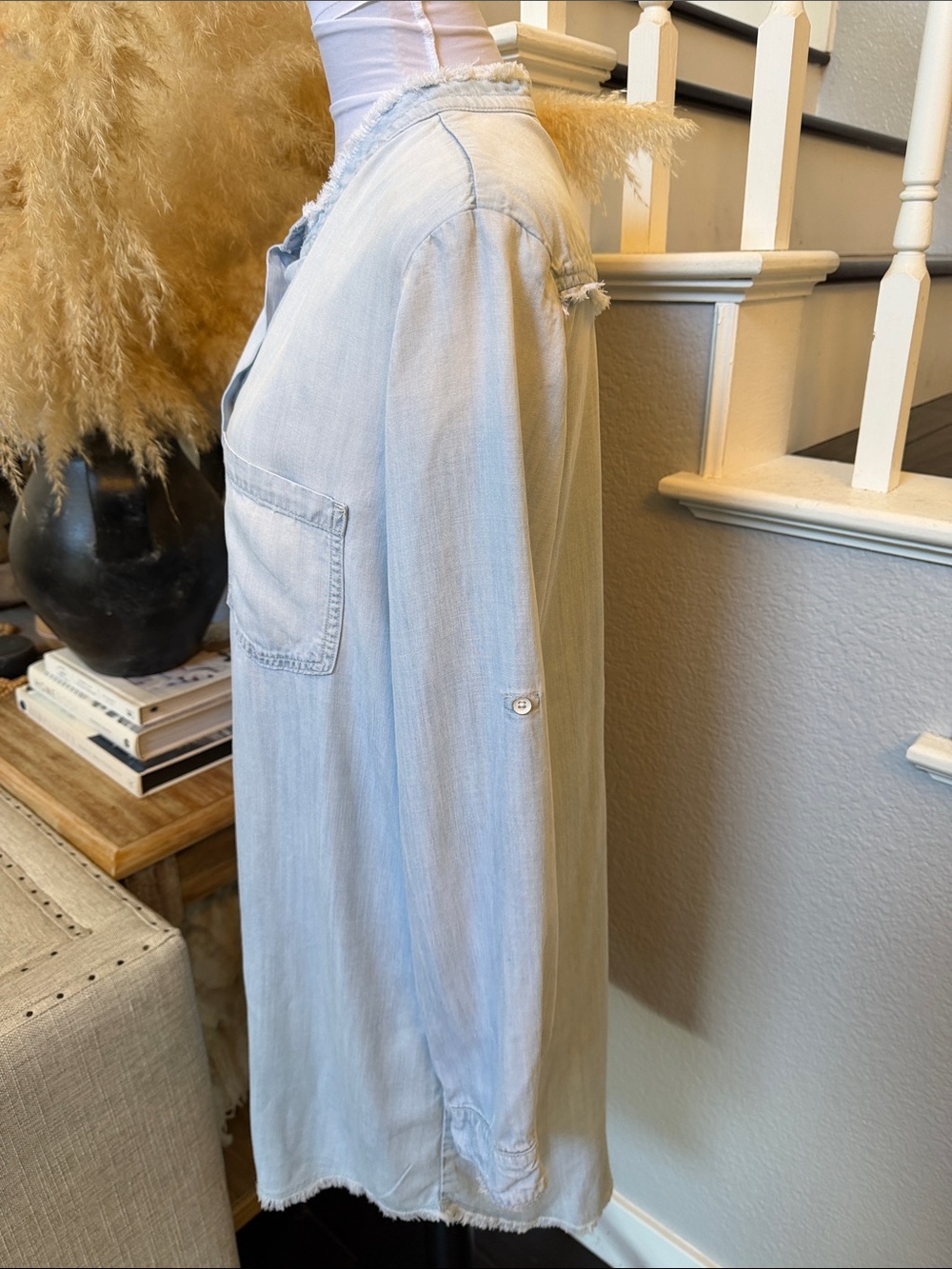 Anthropologie Cloth & Stone Denim Shirt Dress Frayed Hem Long Sleeve Size M - Picture 5 of 8